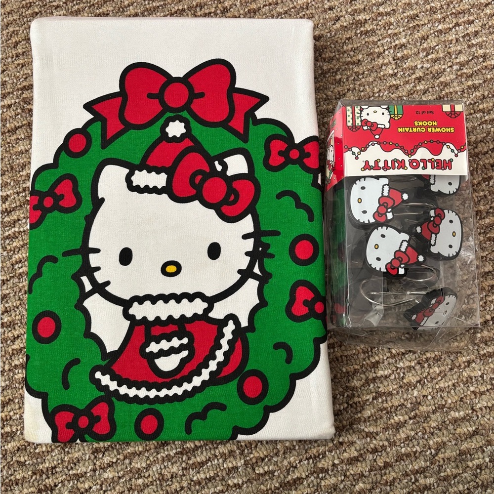 Hello Kitty Christmas holiday shower curtain with hooks
